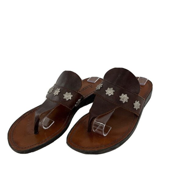 Danexx Womens Slides Sandals Brown Leather Flip Flop Style Block Heel Slip On 6 - Picture 1 of 6